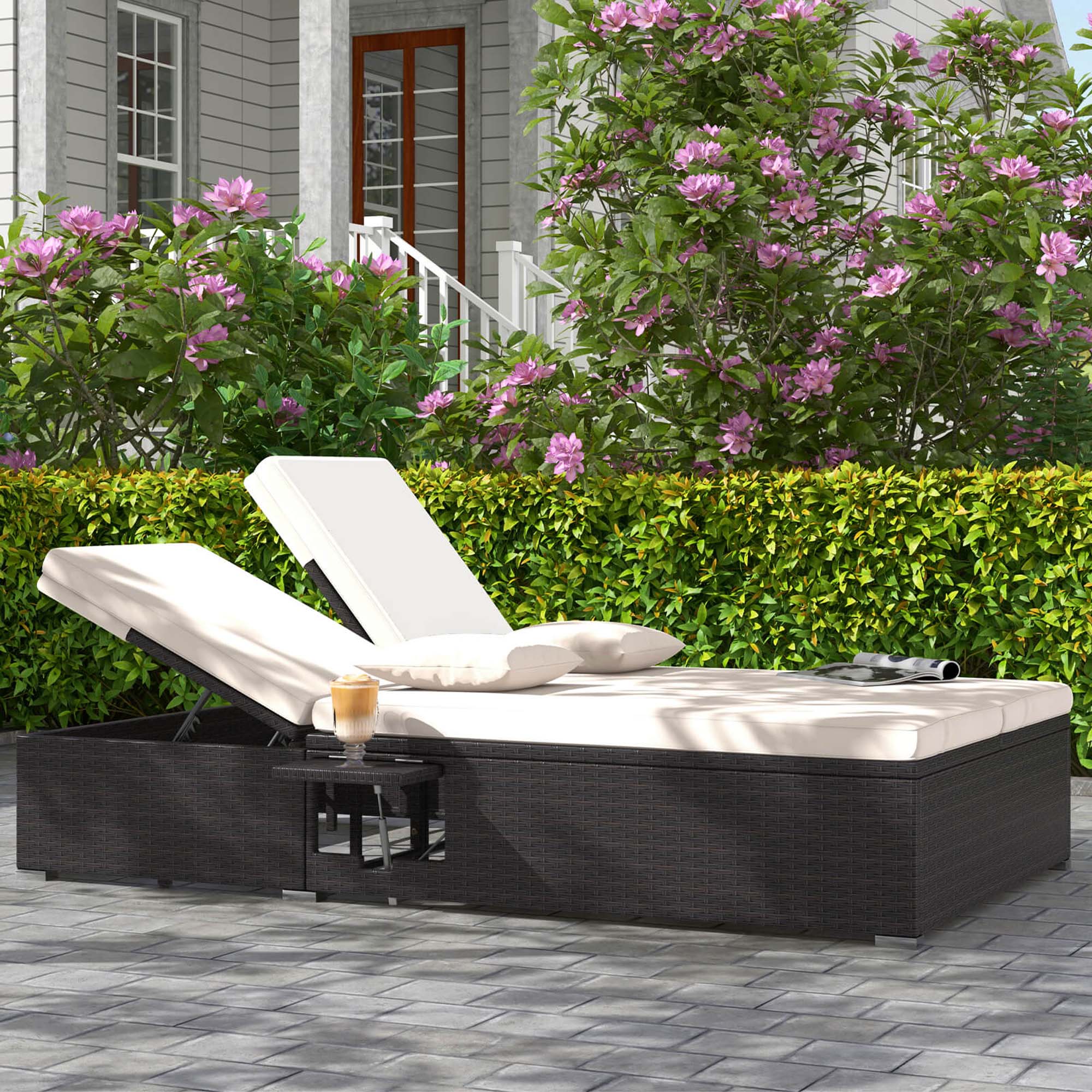 Alt View 1. Costway - Outdoor Patio Daybed PE Wicker Double Chaise Lounge with Adjustable Backrests - Mix Brown + Beige.