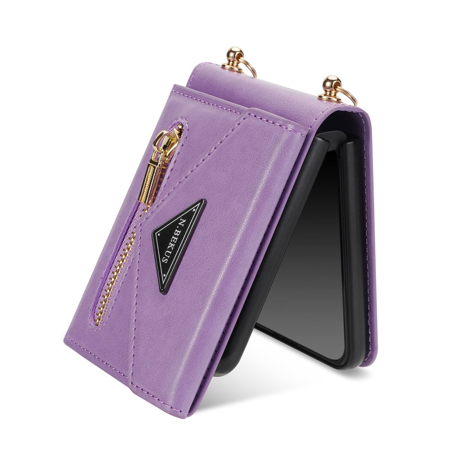 Alt View 3. Dteck - Crossbody Strap Case for Samsung Galaxy Z Flip8, Zipper Wallet Card Pocket Shockproof PU Leather Cover - Purple.