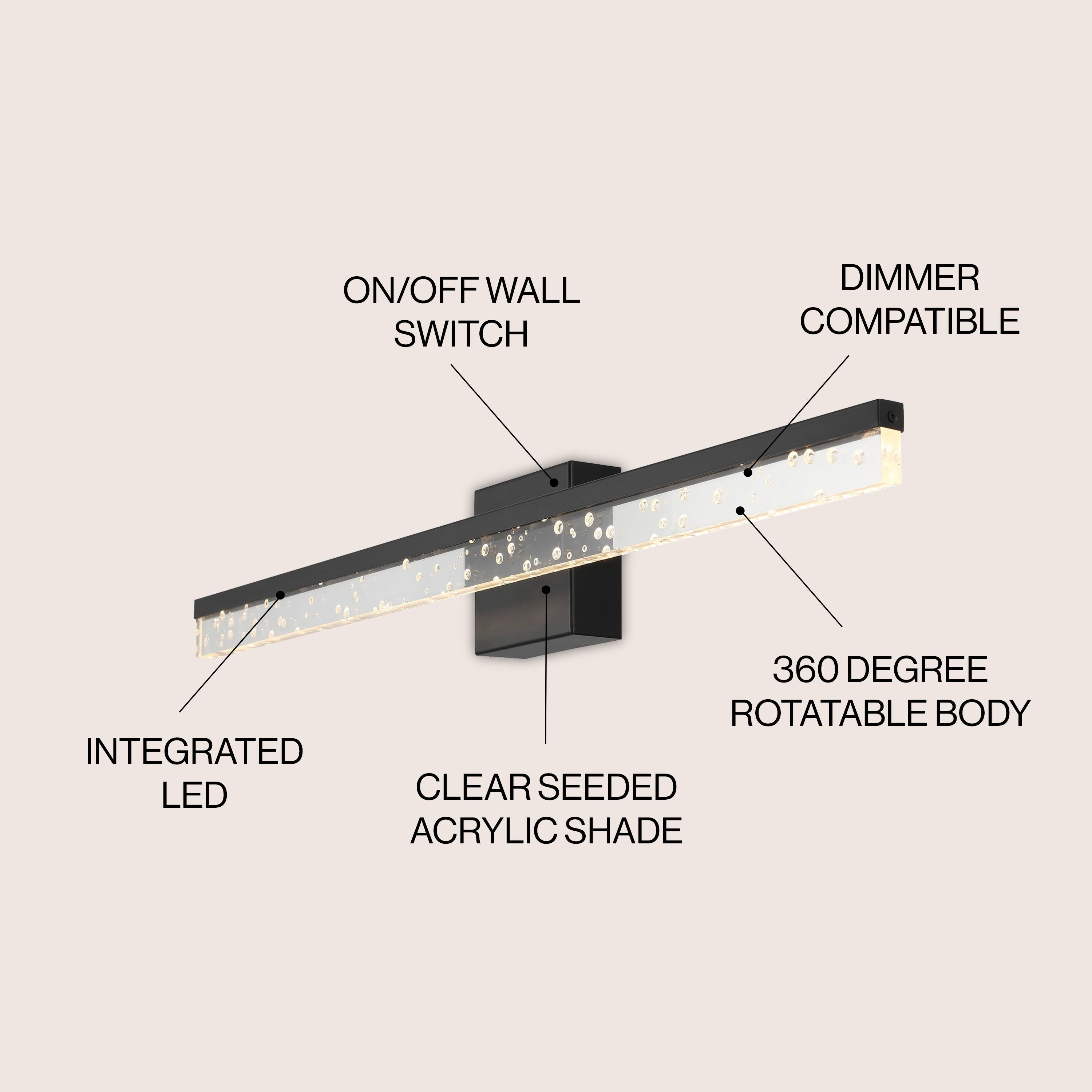 ON/OFF WALL SWITCH DIMMER COMPATIBLE 360 DEGREE ROTATABLE BODY INTEGRATED LED CLEAR SEEDED ACRYLIC SHADE