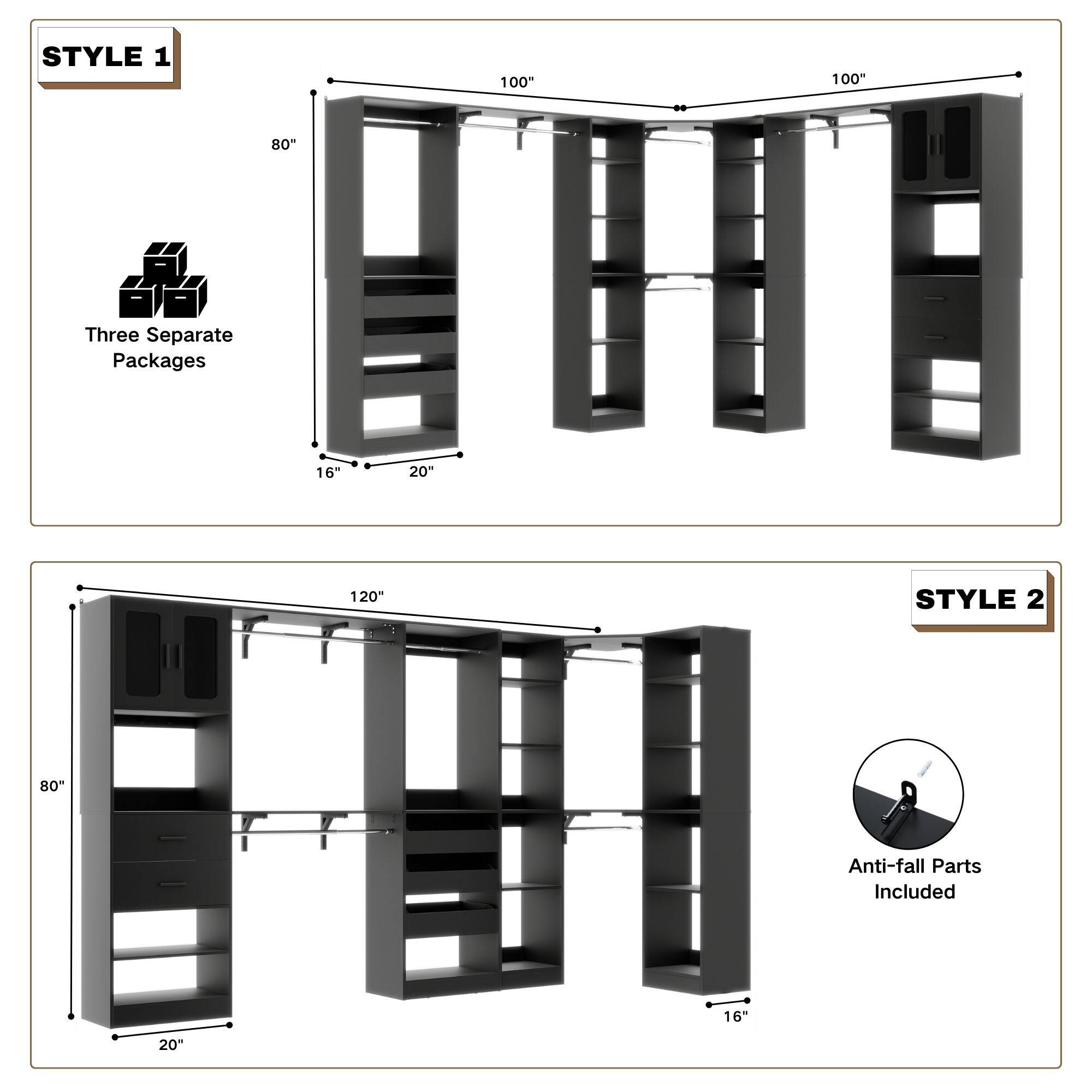 STYLE 1  
100" x 100" x 8"  
Three Separate Packages  
16" x 20" x 120"  

STYLE 2  
80"  
Anti-fall Parts Included  
16" x 20"
