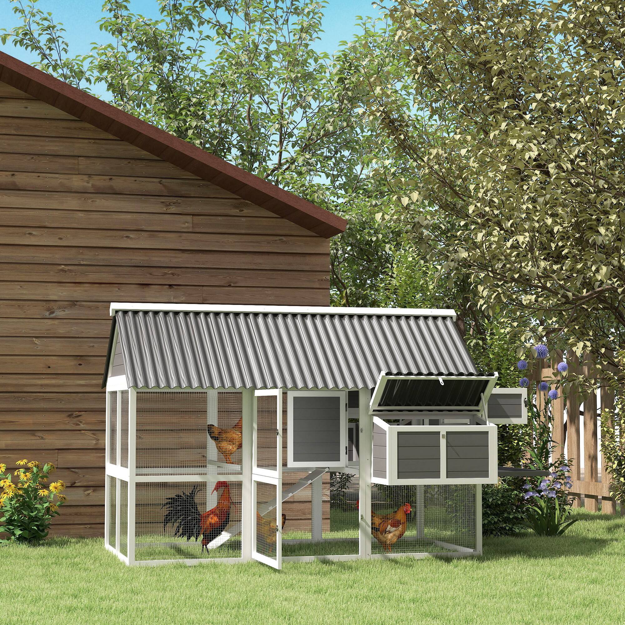 Alt View 4. Pawhut - 69"W x 84" x 59" Large Wooden Chicken Coop with Run, 2 Nesting Boxes, 2 Roosting Bars, Ramp & Tray, for 6-8 Chickens.