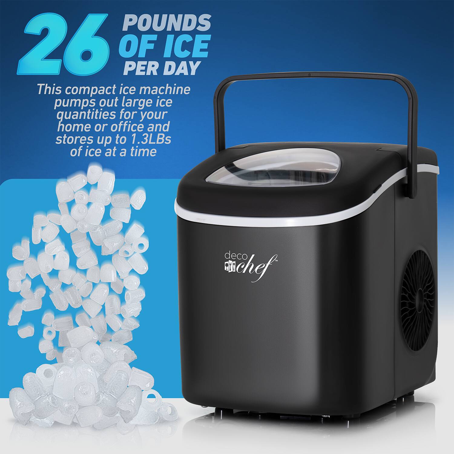 26 POUNDS OF ICE PER DAY

This compact ice machine pumps out large ice quantities for your home or office and stores up to 1.3LBs of ice at a time

deco chef