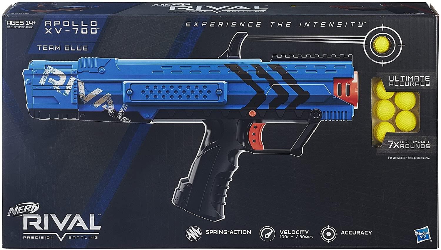 **NERF RIVAL**

**APOLLO XV-700**

**AGES 14+**

**TEAM BLUE**

**EXPERIENCE THE INTENSITY**

**PRECISION BATTILING**

**SPRING-ACTION**

**VELOCITY 100FPS / 30MPS**

**ACCURACY**

**ULTIMATE ACCURACY**

**7X ROUNDS**

**For use with Nerf Rival products only.**

**Hasbro**