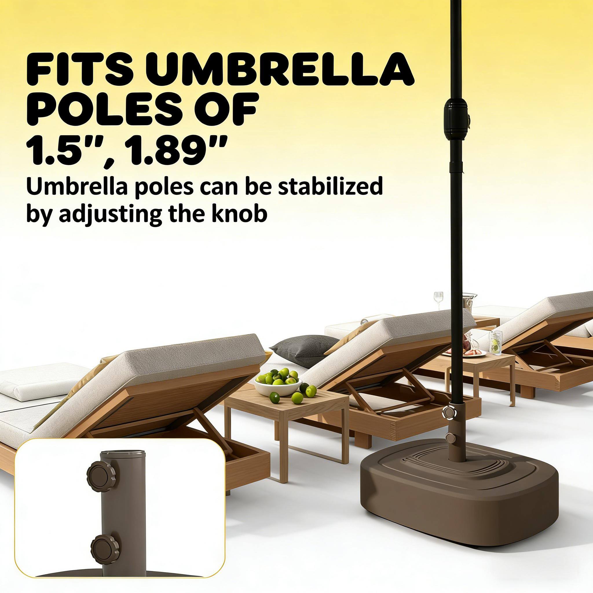 FITS UMBRELLA POLES OF 1.5", 1.89"  
Umbrella poles can be stabilized by adjusting the knob