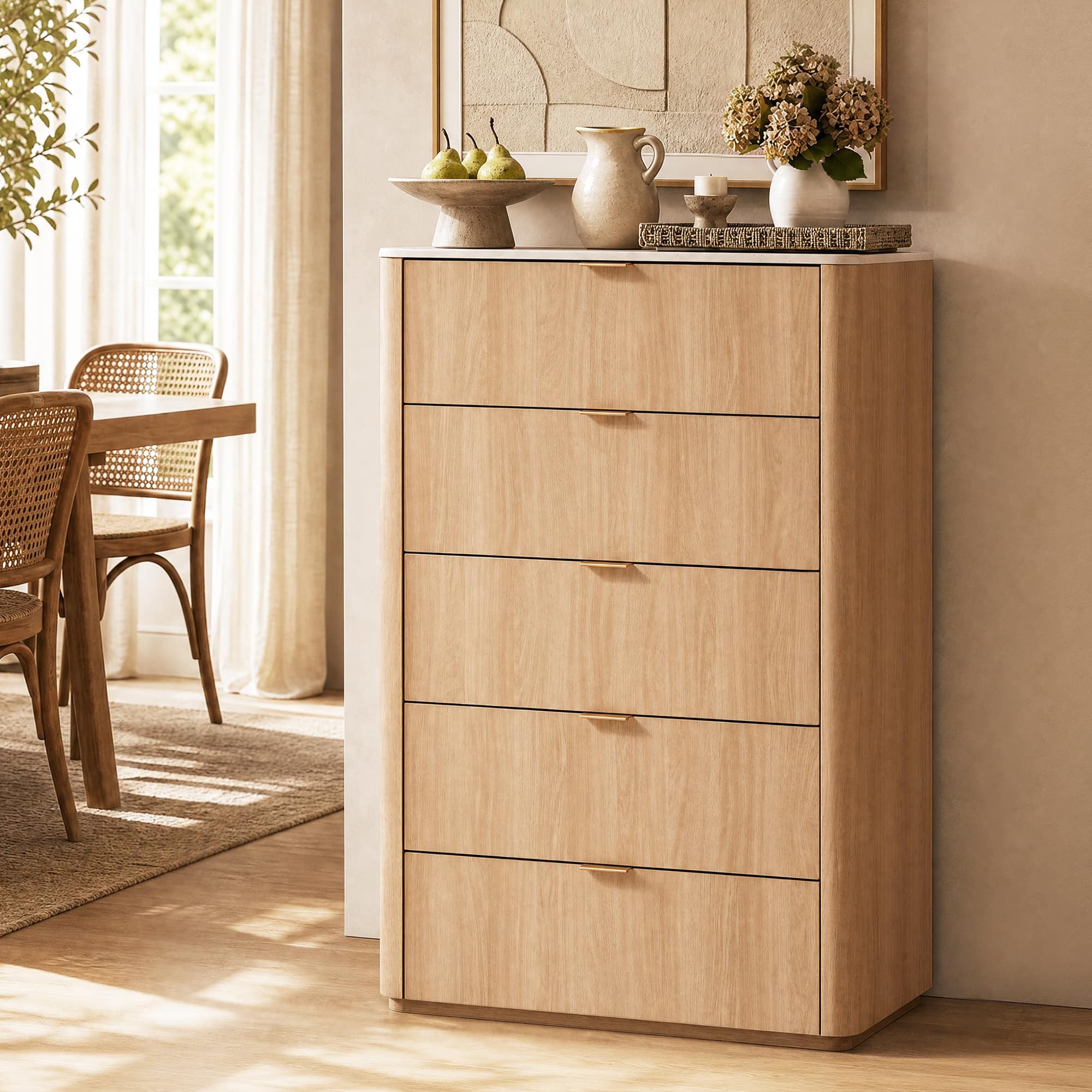 ModernMate - 5 Drawers Dresser Faux Travertine 31.5" Wide Dresser Chest for Bedroom Living Room - Natural Oak