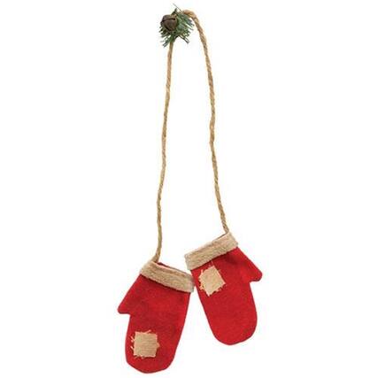 Front. BreeBe - Primitive Fabric Mittens Hanging Christmas Ornament - Red.