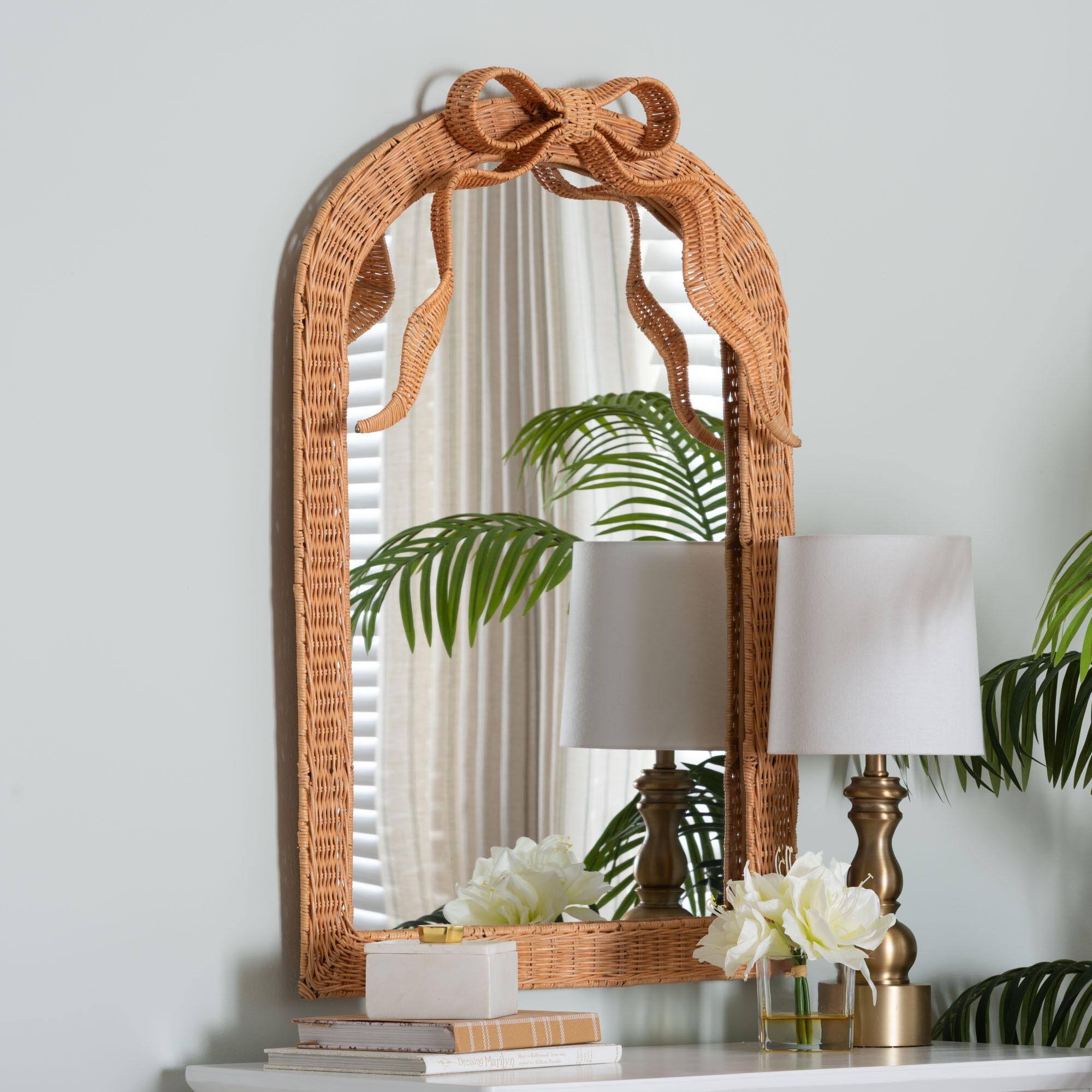 Left. bali & pari - bali & pari Creusa Natural Rattan Accent Mirror with Bow Detail, Arch - Light Honey.