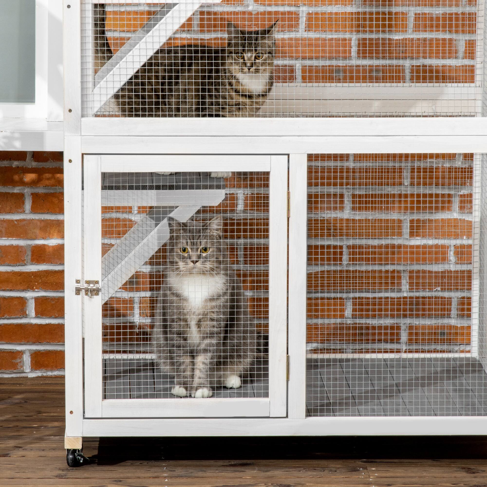 Alt View 4. Siljoy - Gray Wheeled Outdoor Catio, Weatherproof Cat House with Asphalt Roof, High Capacity Cat Enclosure.