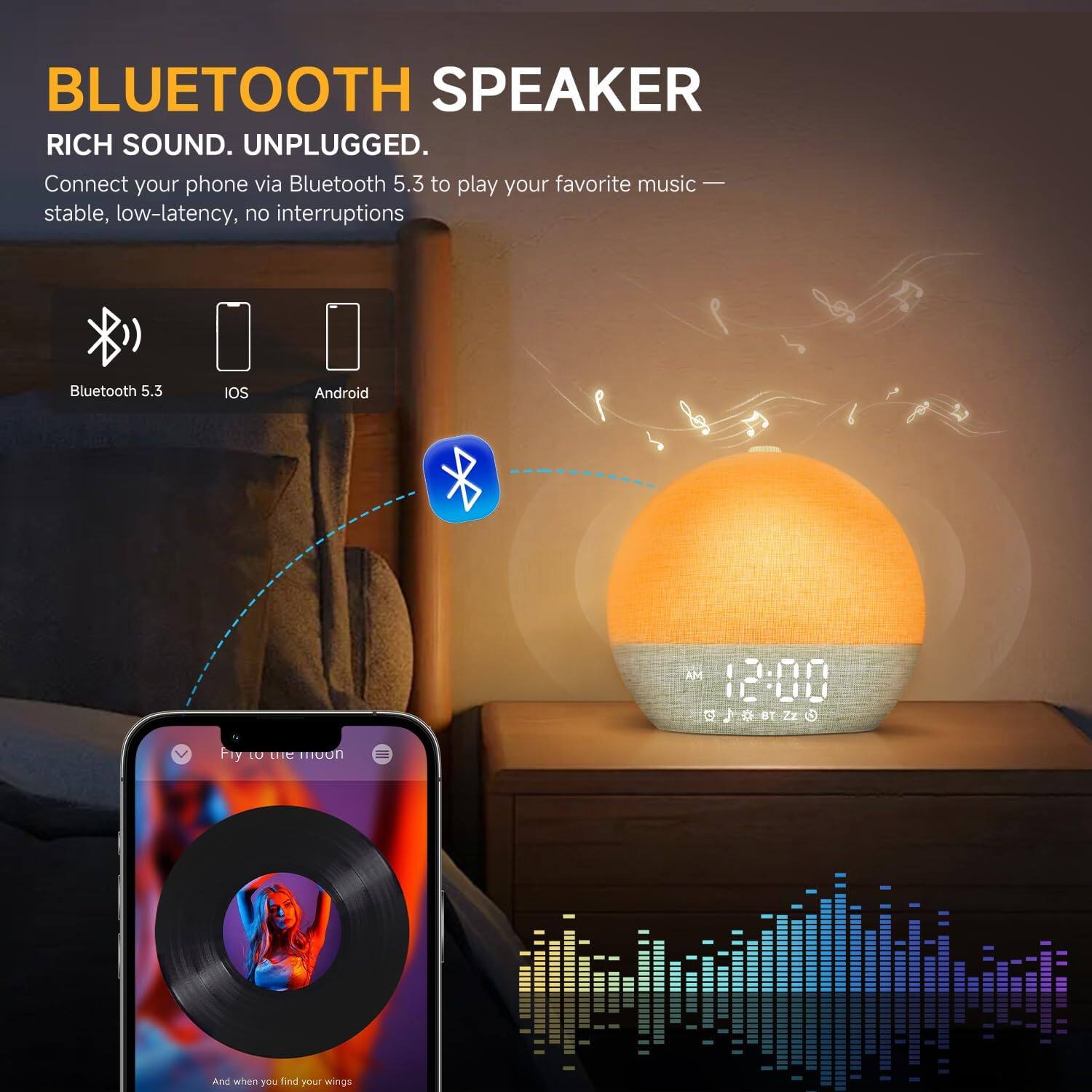 BLUETOOTH SPEAKER  
RICH SOUND. UNPLUGGED.  

Connect your phone via Bluetooth 5.3 to play your favorite music — stable, low-latency, no interruptions  

Bluetooth 5.3  
IOS  
Android  

AM 12:00  
J Fry U EIC  

And when you find your wings