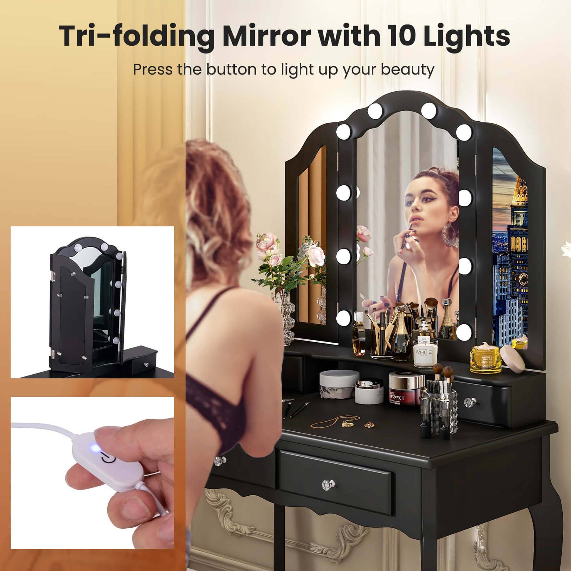 Tri-folding Mirror with 10 Lights  
Press the button to light up your beauty  

WHITE  
EXFECT