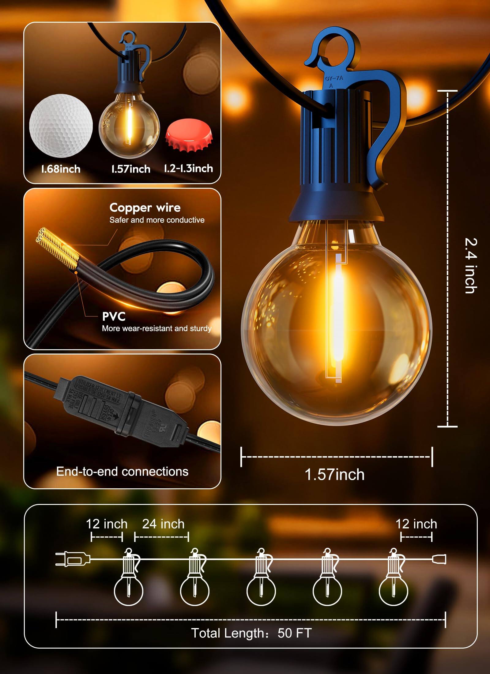 GY-7A

- 1.68 inch
- 1.57 inch
- 1.2-1.3 inch

Copper wire
- Safer and more conductive

PVC
- More wear-resistant and sturdy

End-to-end connections

2.4 inch

1.57 inch

12 inch
24 inch
12 inch

Total Length: 50 FT