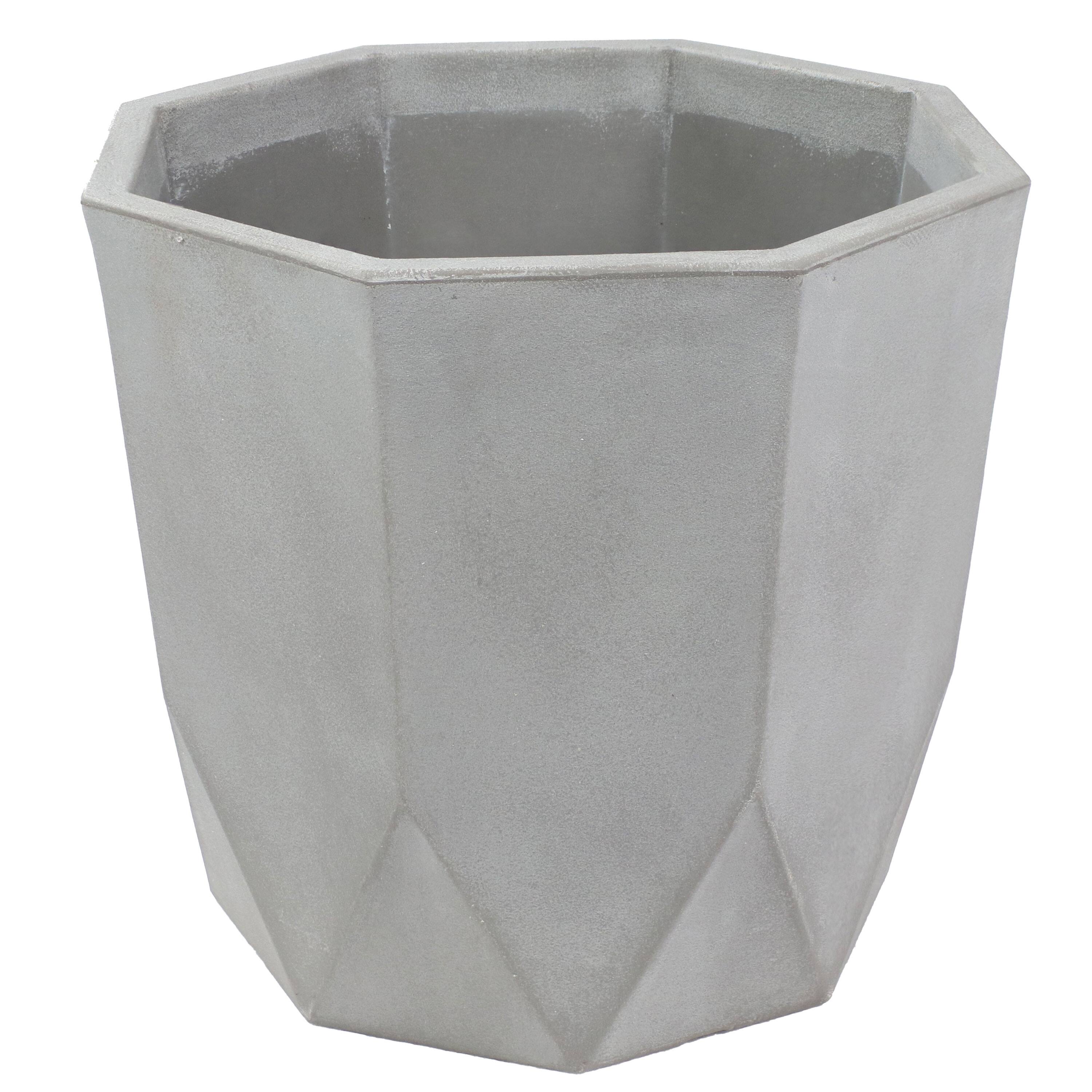 Front. Sunnydaze - 14.25 in Modern Faceted Polyresin Outdoor Planter - Light Gray.