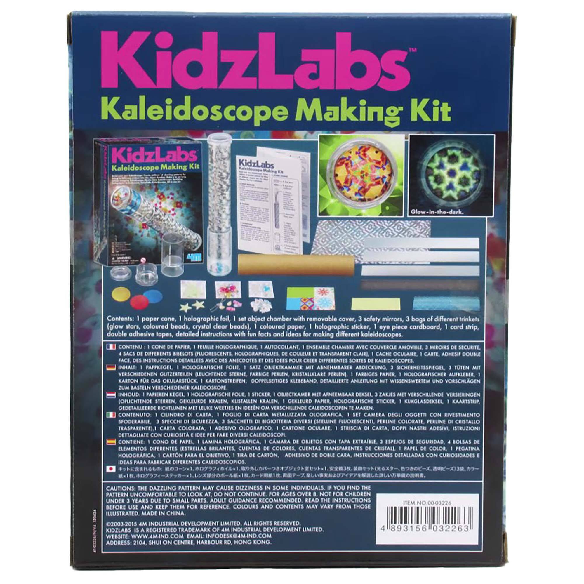 KidzLabs Kaleidoscope Making Kit Contents: poper holographic object chamber, removable safety mirrors, bogs different trinkets (glow coloured beads, crystal beads), coloured poper, holographic sticker, piece of cardboard, strip, double adhesive tops, detailed instructions making different kaleidoscopes.