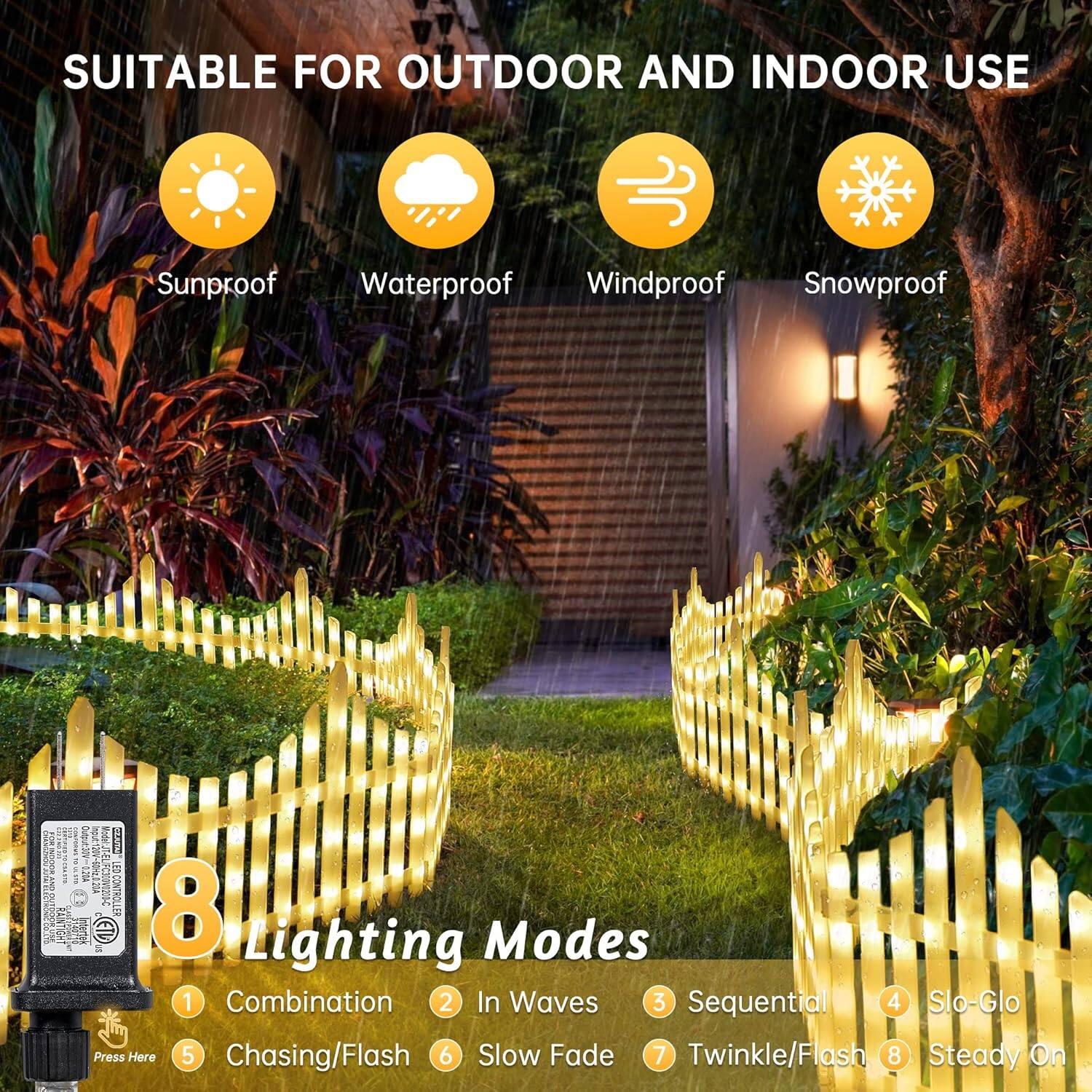 SUITABLE FOR OUTDOOR AND INDOOR USE  
Sunproof Waterproof Windproof Snowproof  
FOR INDOOR AND STRONIC.CO.,LTD.  
RAINTIGHT  
CONFORMS Output:30V ingurt  CZJUTAI 0.28A 20A C300V0200-C Intertek ETL CONTROLLER  
8 Lighting Modes  
1 Combination  
2 In Waves  
3 Sequential  
4 Slo-Glo  
5 Chasing/Flash  
6 Slow Fade  
7 Twinkle/Flash  
8 Steady On