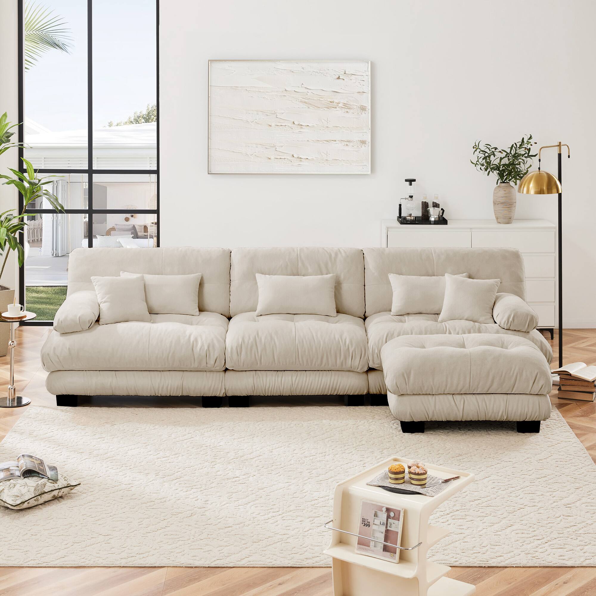 Left. TinyHomie - Light Coffee Chenille Oversized L shaped Modular Cloud Sectional Sofa with Convertible Ottoman - brown.