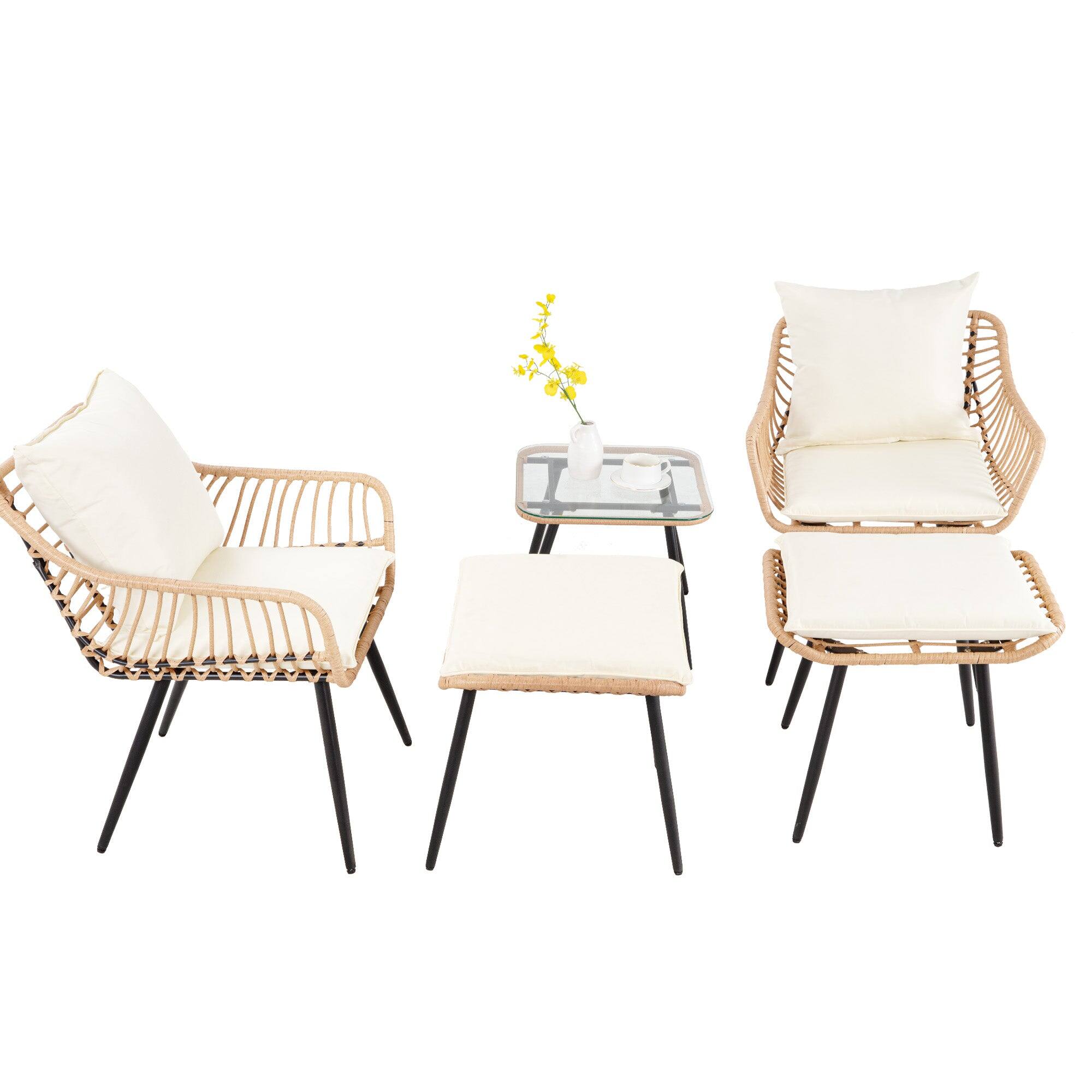 Front. Boyel Living - Yellow Beige 5-Piece Set Outdoor Patio Bistro with 2 chairs 2 ottomans and 1 square table - Yellow.