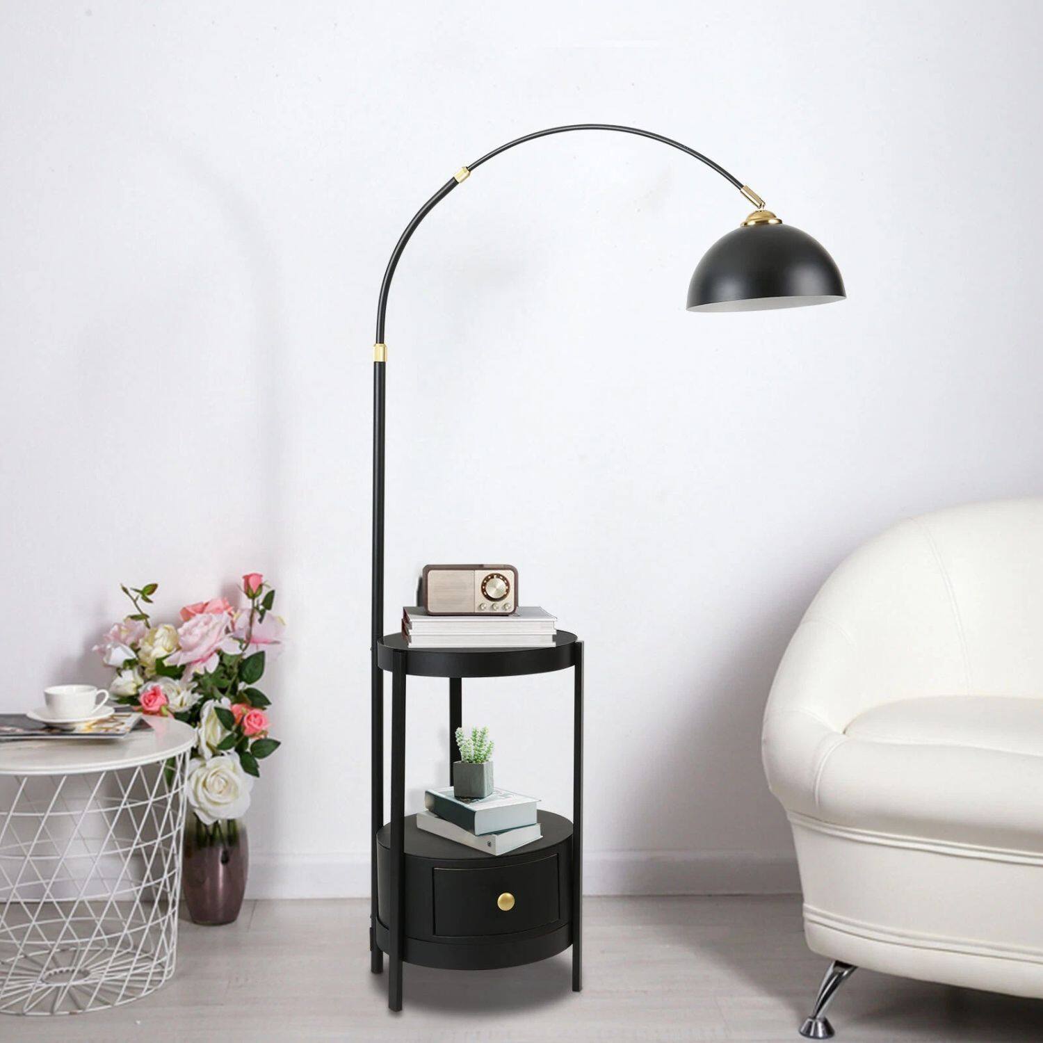 Left. Stock Preferred - Adjustable Black Arched Floor Lamp with Gold Shade, Foot Switch & Table - Black with Gold Shade.