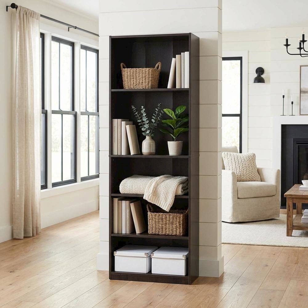Left. FurniFact - Espresso 5-Shelf Bookcase with Spacious Storage and Modern Design - Espresso.