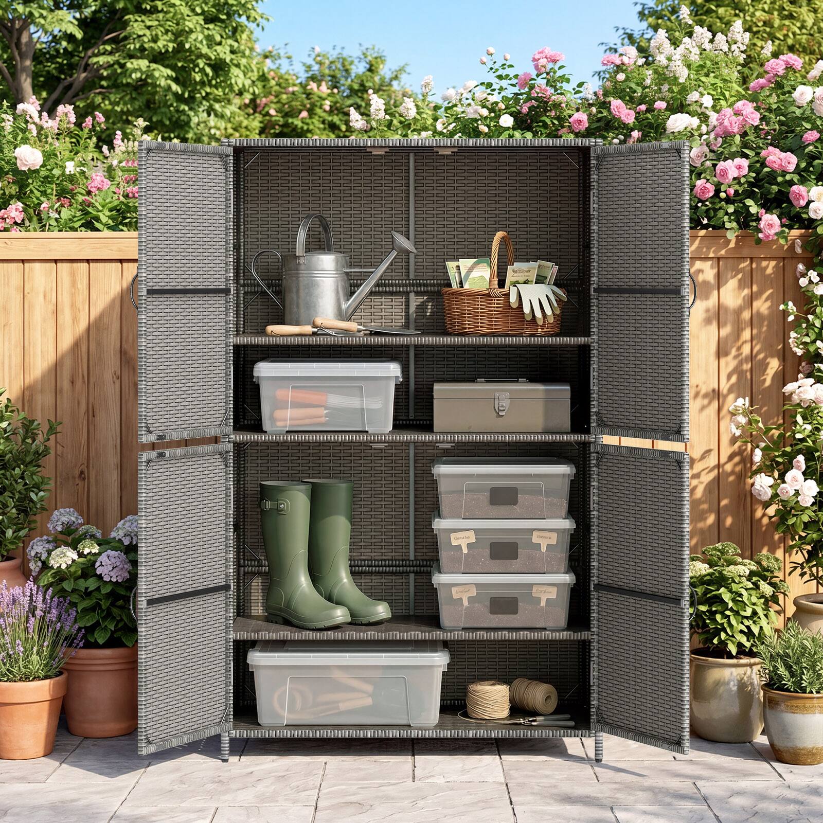 Alt View 3. Costway - Costway Outdoor Storage Cabinet with Adjustable Shelves & Anti-Toppling Device for Garden - Mix Gray.