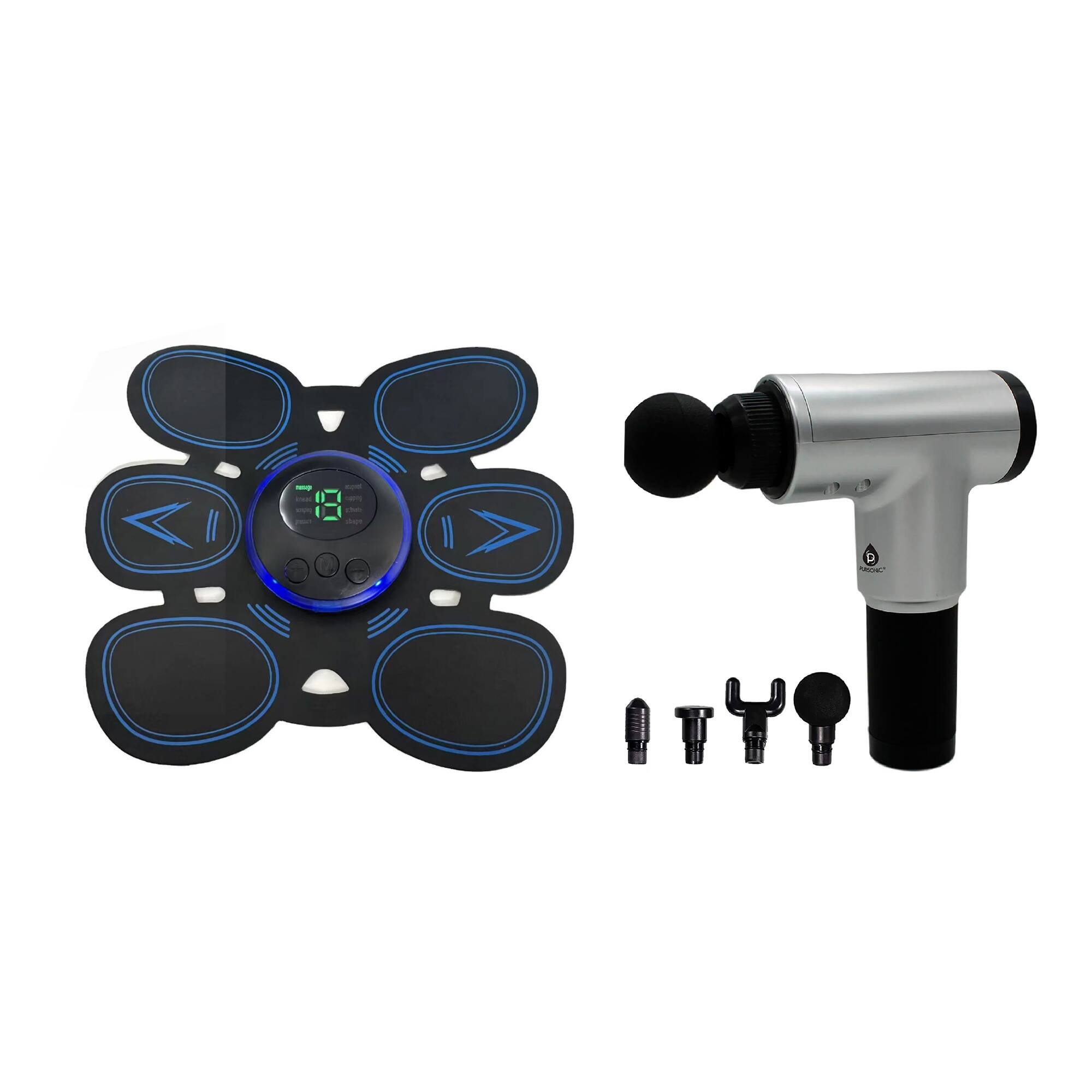 Front. Pursonic - Core Sculpt & Total Body Recovery Bundle: Rechargeable Abdominal Muscle Toner and 6-Speed Deep Tissue Massage Gun.