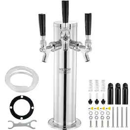 VEVOR - Triple Taps Draft Beer Tower Dispenser, Stainless Steel Keg Beer Tower, Kegerator Tower Kit with Pre-Assembled Tubing - Silver