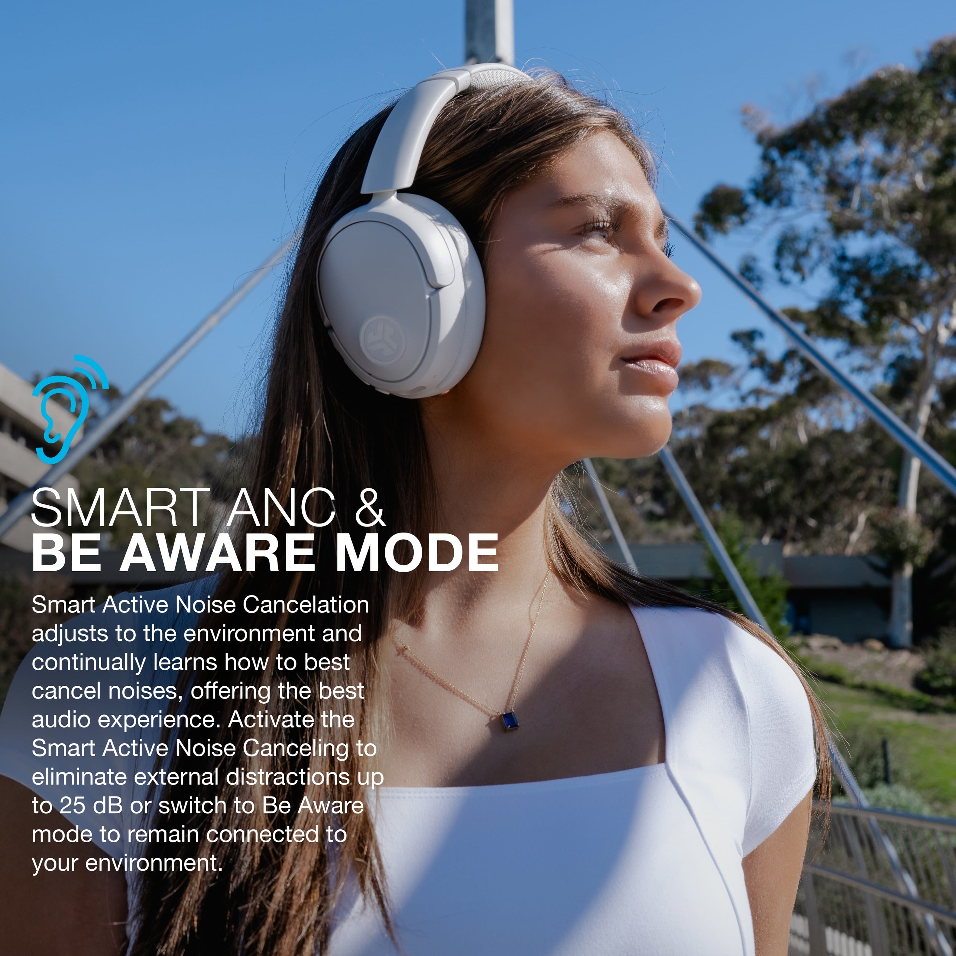 SMART ANC & BE AWARE MODE: Smart Active Noise Cancellation adjusts to the environment and continually learns how to best cancel noises, offering the best audio experience. Activate the Smart Active Noise Canceling to eliminate external distractions up to 25 dB or switch to Be Aware mode to remain connected to your environment.