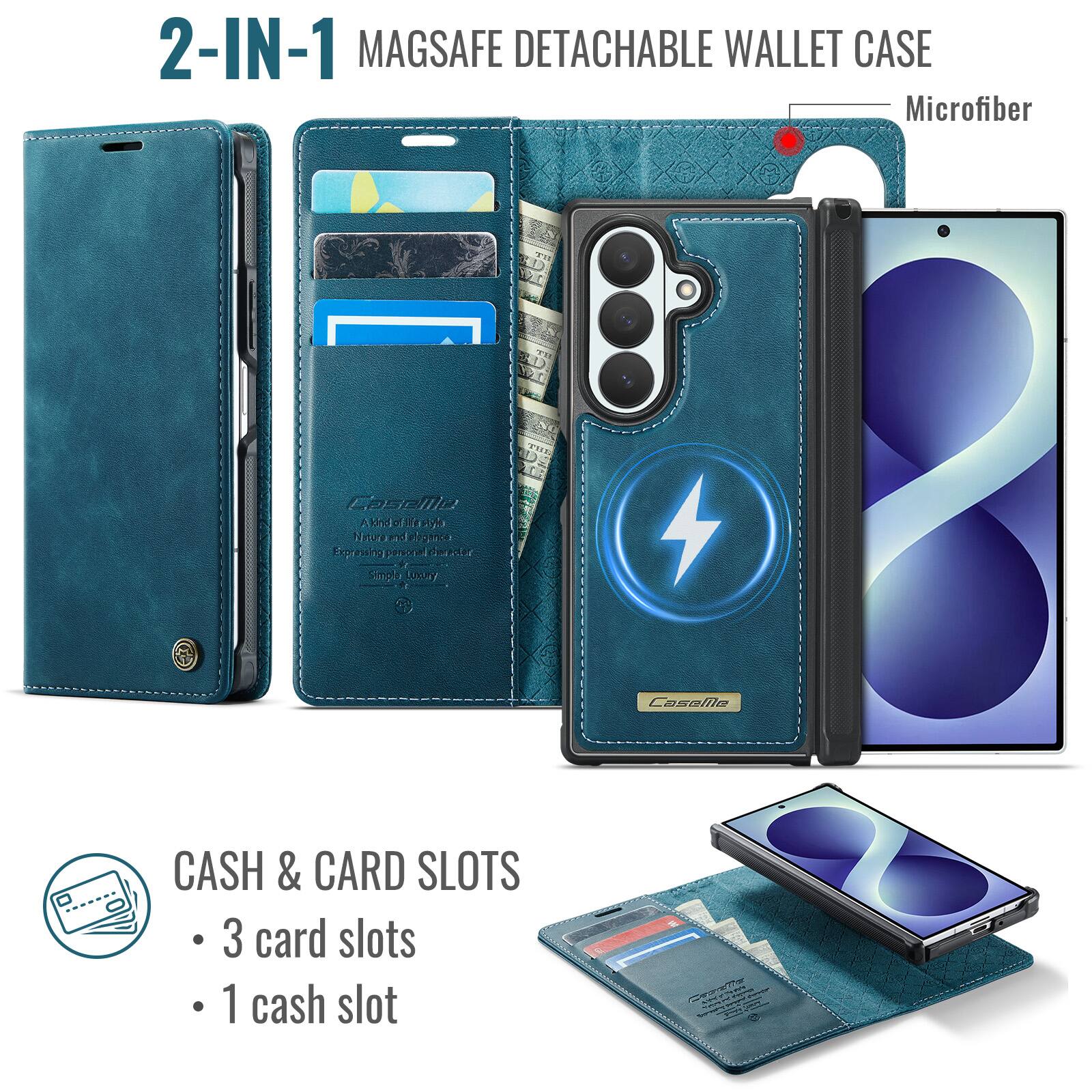 2-IN-1 MAGSAFE DETACHABLE WALLET CASE  
Microfiber  

CaseMe  
A kind of lifestyle  
Nature and elegance  
Expressing personal character  
Simple luxury  

CASH & CARD SLOTS  
- 3 card slots  
- 1 cash slot