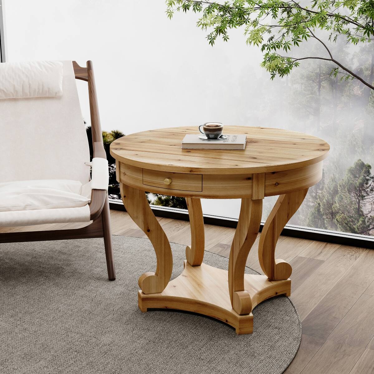 Angle. Loheer - Loheer Farmhouse Round Dining Table, Natural Wood, Small Table for Two - Natural Wood.