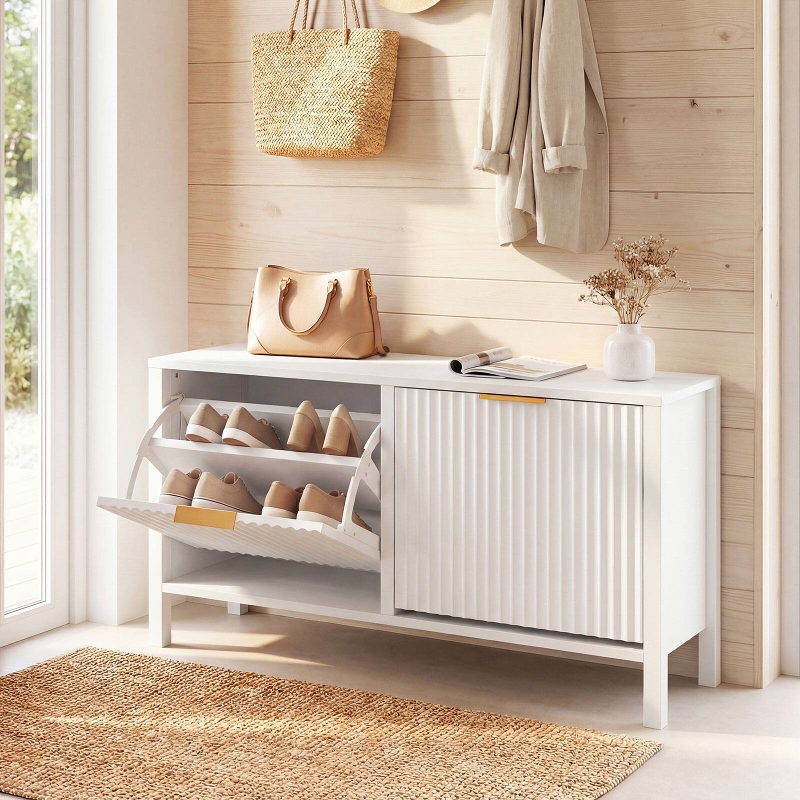 Alt View 1. Gymax - Gymax Shoe Storage Bench Narrow Wooden Entryway Bench w/ 2 Flip Drawers for Hallway - White.