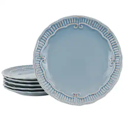 Front. Modern Southern Home - Modern Southern Home Capri 6 Piece 11 Inch Stoneware Embossed Dinner Plate Set in Blue - Blue.