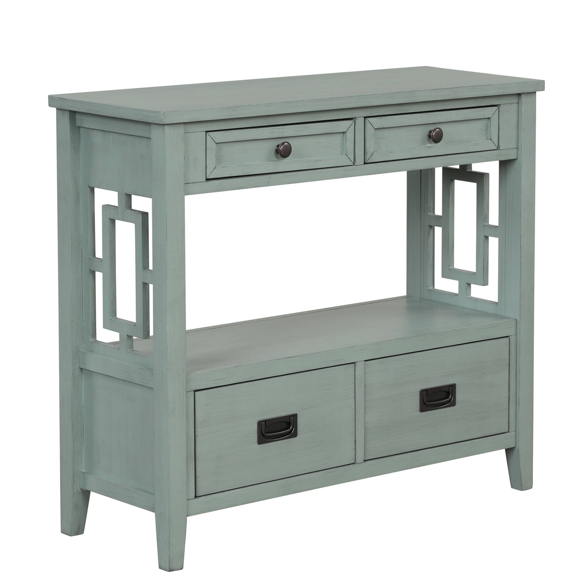 Alt View 1. GOODSILO - Farmhouse Pine Wood Console Table with Drawers and Storage Shelf for Entryway Living Room Bedroom Hallway Kitchen - Retro Blue.