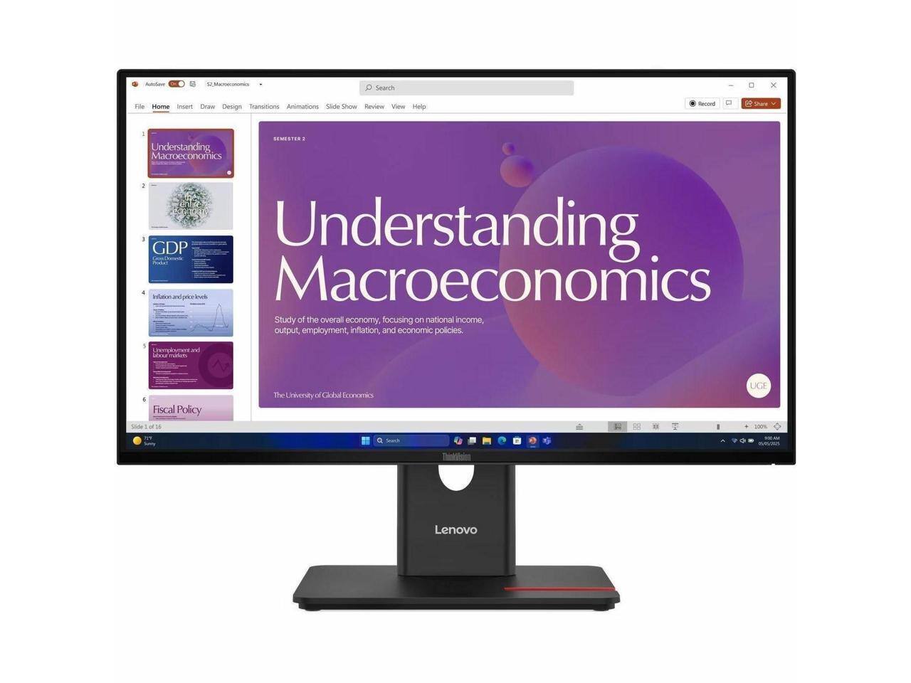 AA .Maioeramnes Search x Fille Home Insert Draw Design Transitions Animations Slide Show Review View Help Record 20 Share - SEMUSTER  Understanding Macroeconomics I tse 0 GDP Understanding Podke Inflaton and price Inek Macroeconomics Study of the overall economy focusing on national income, output, employment, inflation, and economic policies. 1 Unemployment.and and Loxu muturs 4 Fiscal Policy Siote 3 The Uiniversity of Clobal Economics UGE 500%  Kummy Seanch I - BURUAS Thtrnsion Lenovo