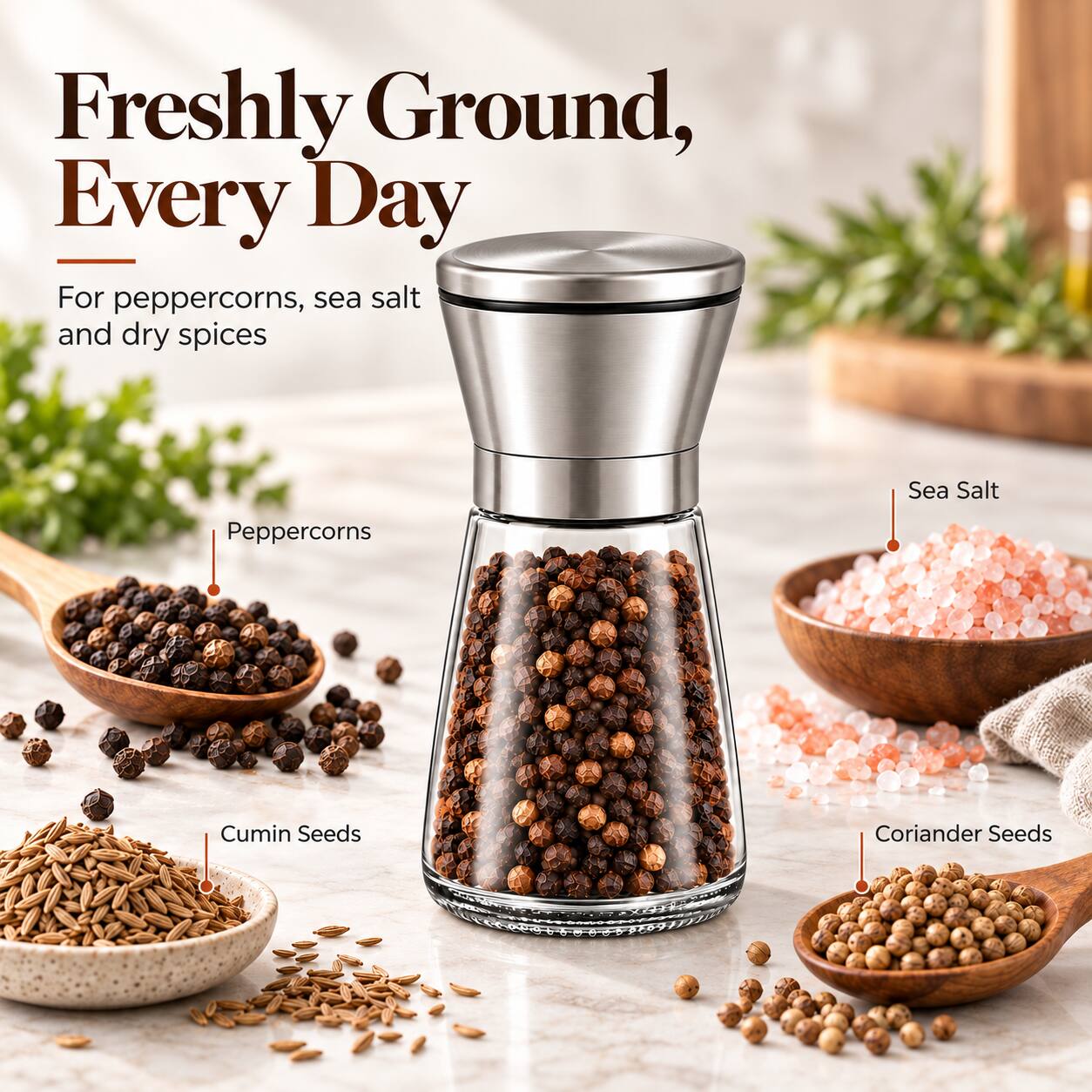 Freshly Ground, Every Day  
For peppercorns, sea salt and dry spices

Sea Salt  
Peppercorns  
Cumin Seeds  
Coriander Seeds