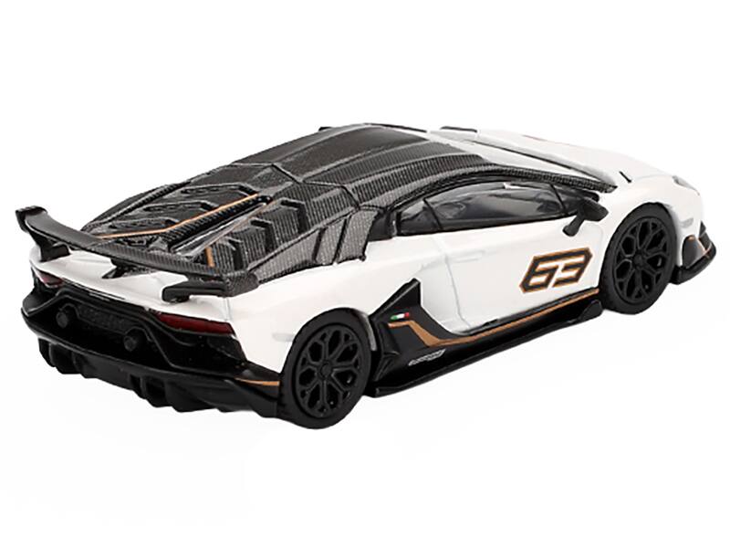 Left. Mini GT - Lamborghini Aventador SVJ 63 Bianco Asopo White with Carbon Top Limited Edition 1/64 Diecast Model Car by Mini GT - White with Carbon.