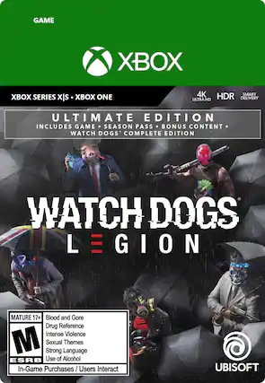 GAME XBOX SERIES X/S WATCH DOGS: LEGION ULTIMATE EDITION INCLUDES GAME SEASON PASS BONUS CONTENT MATURE 17+ Blood and Gore Drug Reference Intense Violence M Sexual Strong Language Themes ESRB Use of Alcohol In-Game Purchases/Users Interact UBISOFT - M (Mature 17+)