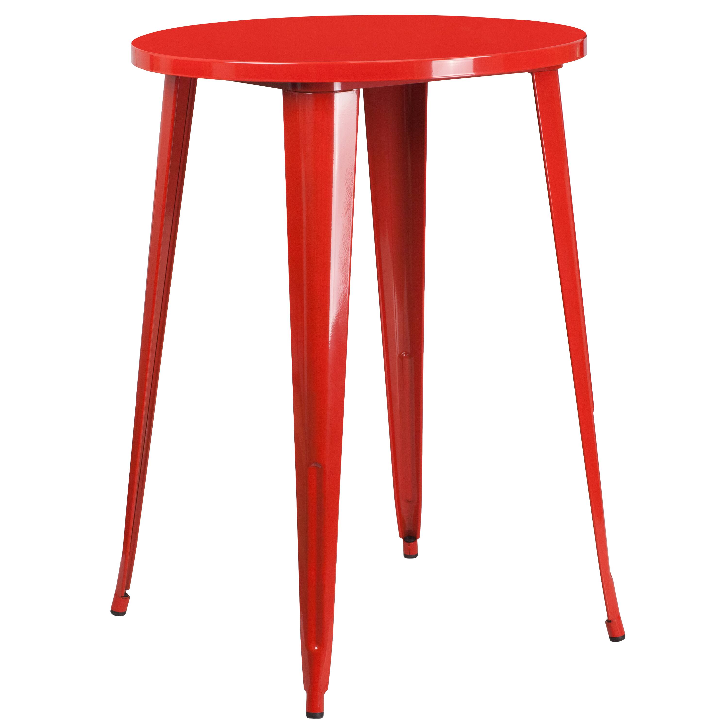 Alt View 3. Emma + Oliver - Commercial 30" Round Metal Indoor-Outdoor Bar Table Set & 4 Slat Back Stools - Red.