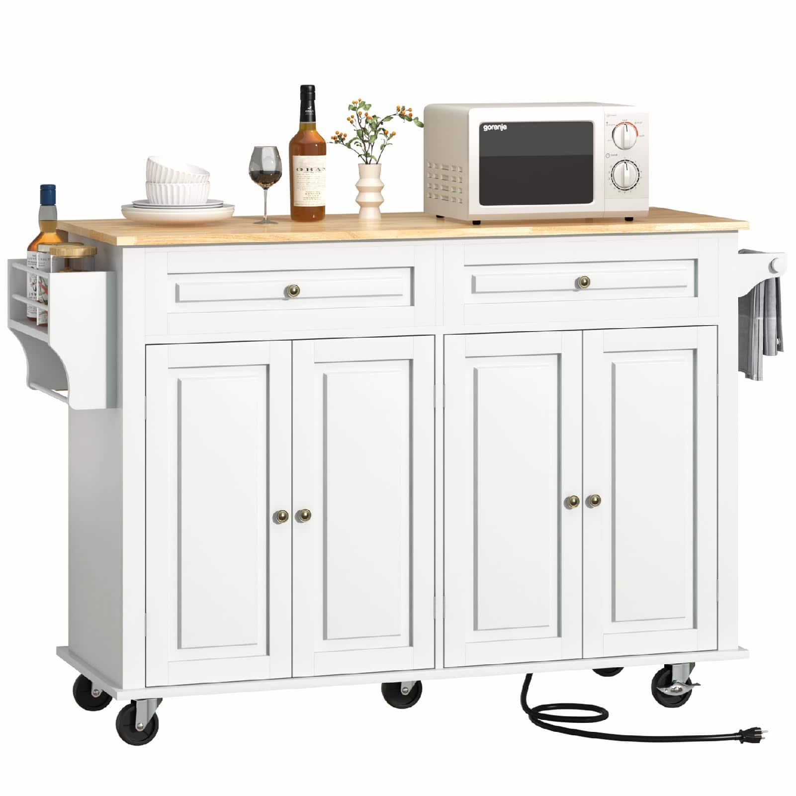 Lent Glitter Wood - 55" Kitchen Island with Drop Leaf & Outlet Mobile Cart with Storage, Spice Rack & Hooks - White