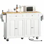 Front. Lent Glitter Wood - 55" Kitchen Island with Drop Leaf & Outlet Mobile Cart with Storage, Spice Rack & Hooks - white.