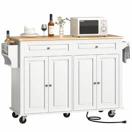 Lent Glitter Wood - 55" Kitchen Island with Drop Leaf & Outlet Mobile Cart with Storage, Spice Rack & Hooks - White