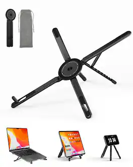 HongFei - Portable Laptop Stand for Desk, Foldable Adjustable Aluminum Riser with Magnetic Phone Holder, Fits 10–16" Lapto - Black