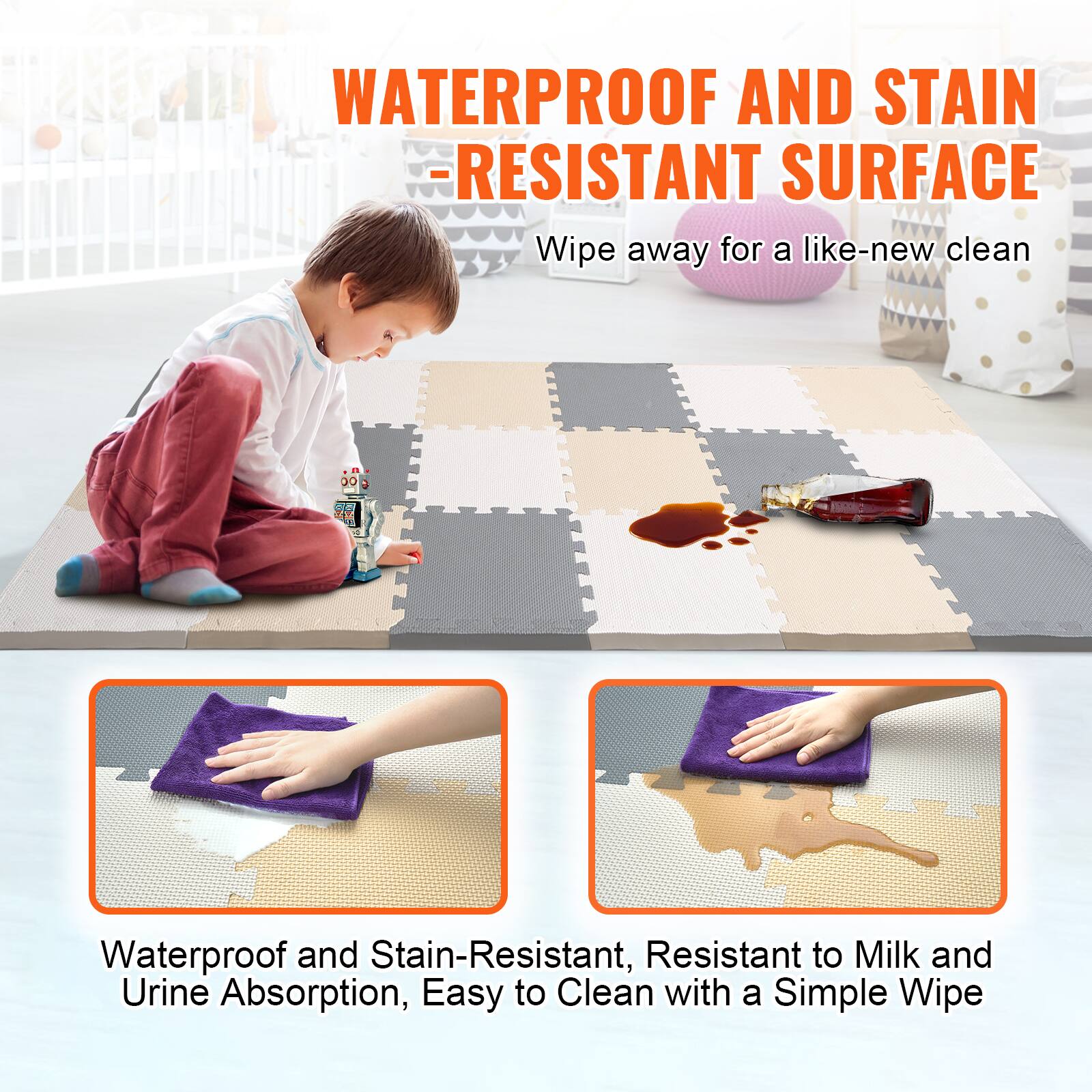 WATERPROOF AND STAIN -RESISTANT SURFACE
Wipe away for a like-new clean

Waterproof and Stain-Resistant, Resistant to Milk and Urine Absorption, Easy to Clean with a Simple Wipe