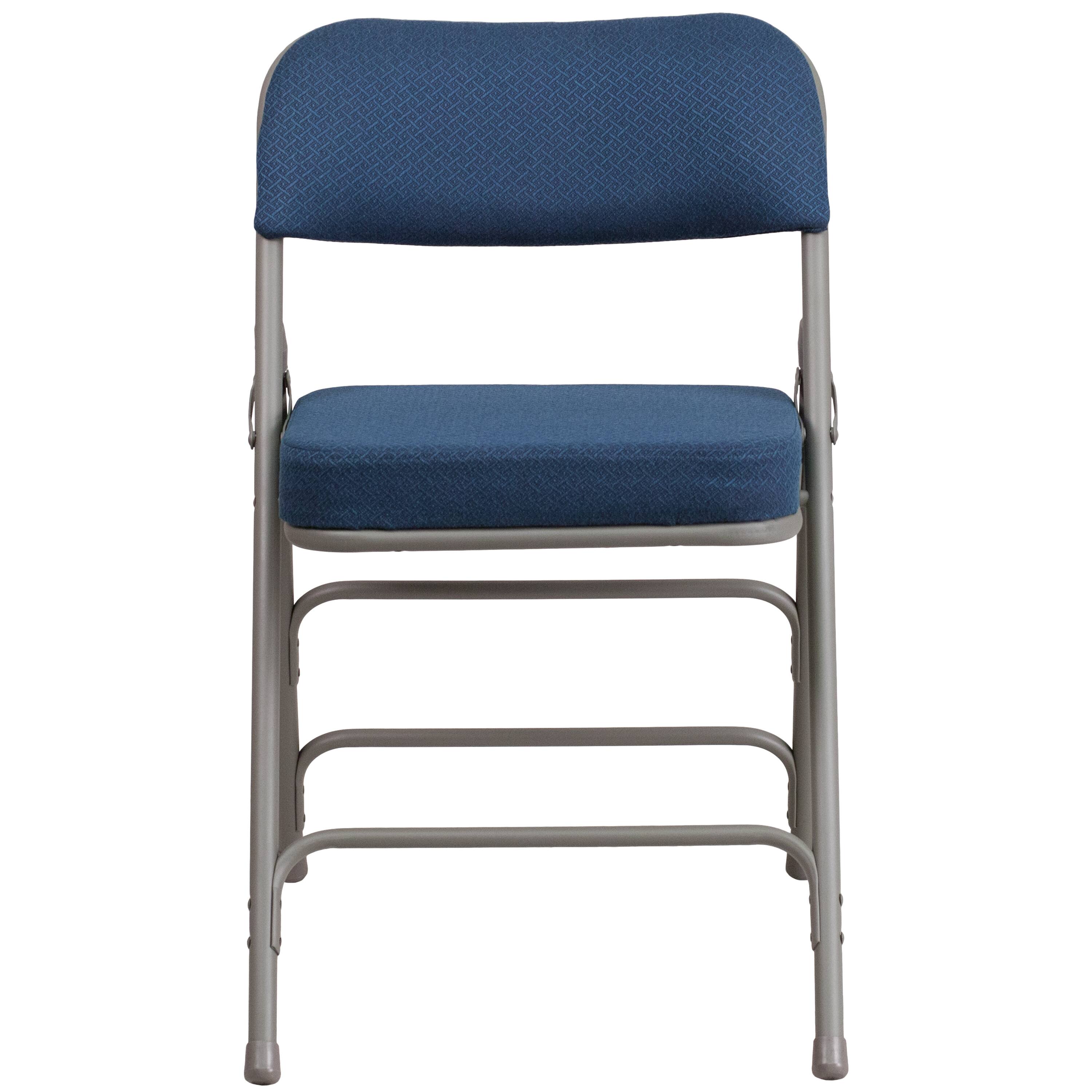 Alt View 4. Emma + Oliver - 2 Pack Premium Curved Triple Braced & Hinged Fabric Upholstered Metal Folding Chair - Navy.