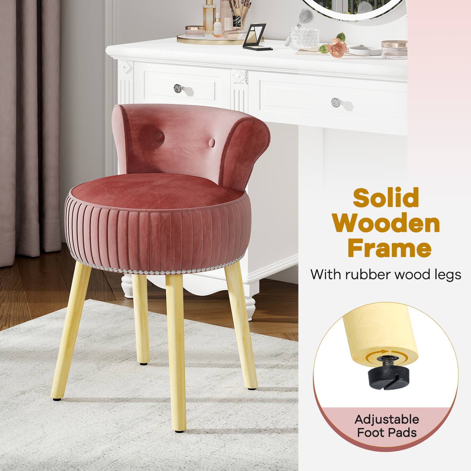 Solid Wooden Frame  
With rubber wood legs  
Adjustable Foot Pads