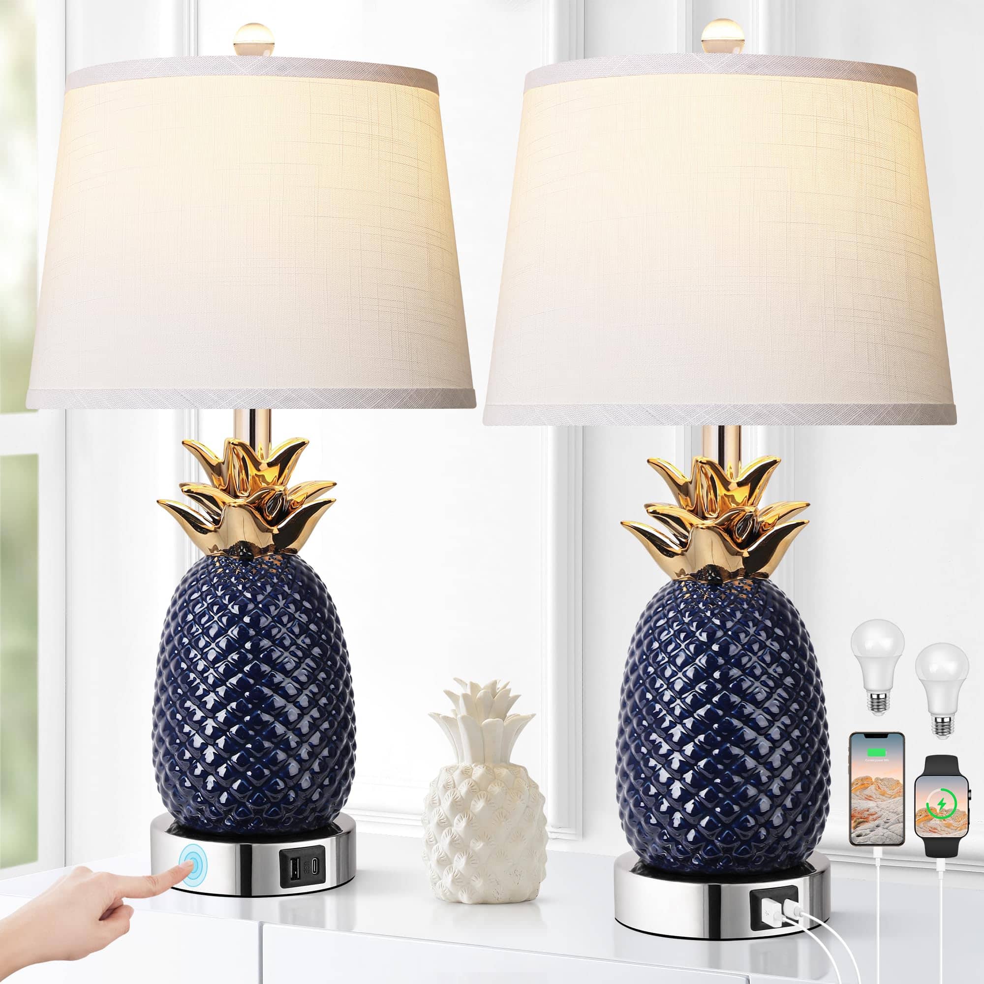 Pawtners - 22" Coastal Table Lamps Set of 2, Navy Blue Pineapple Ceramic Lamp with 3-Way Dimming & USB Port