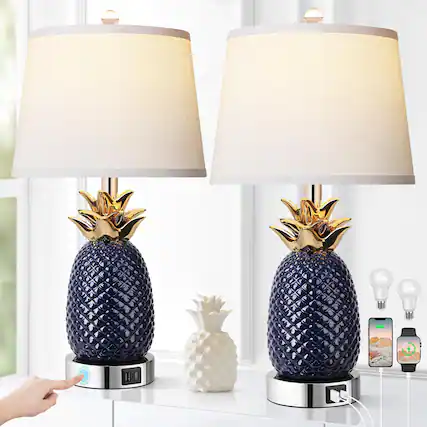 Front. Pawtners - 22" Coastal Table Lamps Set of 2, Navy Blue Pineapple Ceramic Lamp with 3-Way Dimming & USB Port.