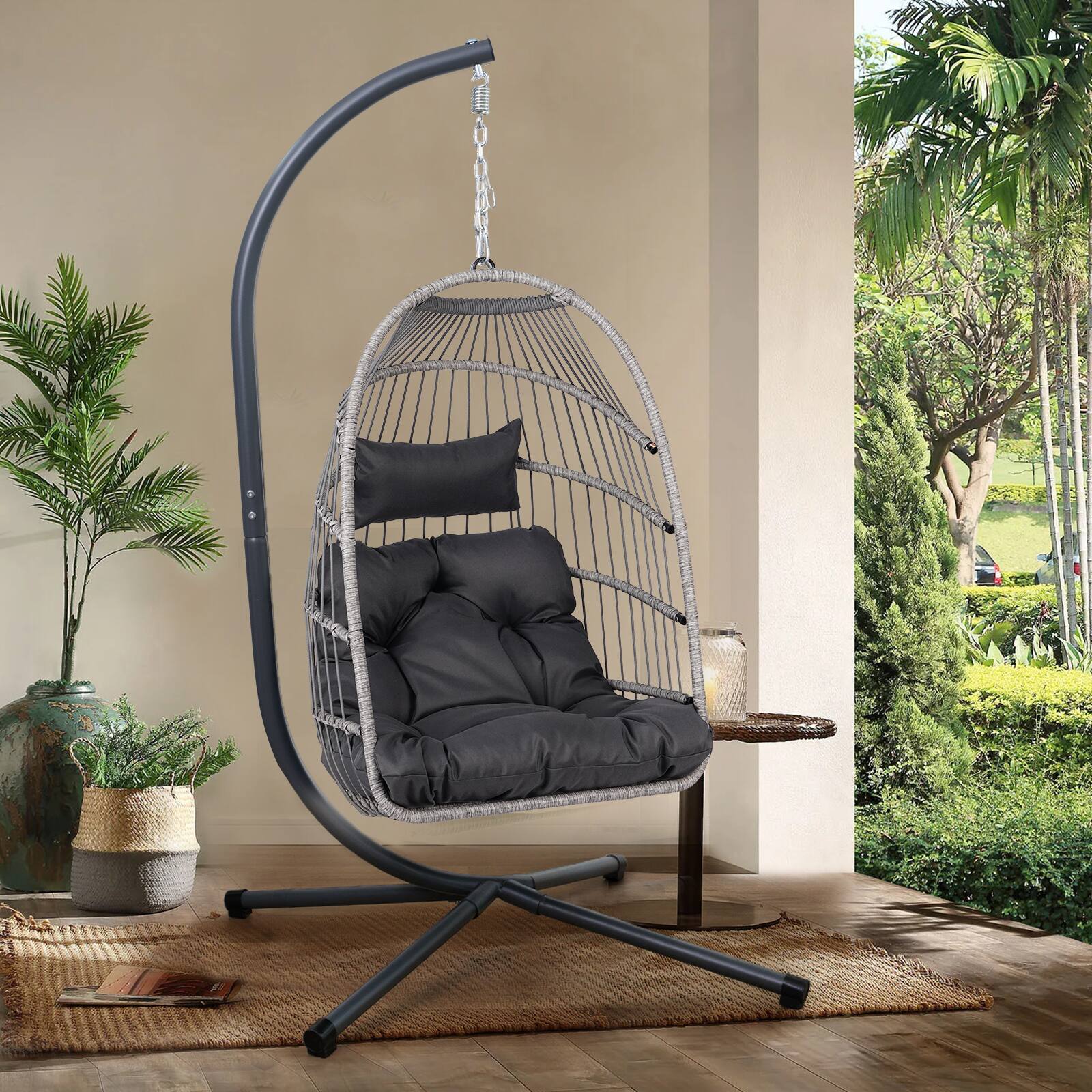 APRILSOUL - Outdoor Egg Hanging Chair with Stand Patio Wicker Swing Egg Chair Indoor Swinging Chair Outdoor Hammock Egg Chair - Black