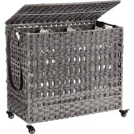 SlickBlue - Rattan Laundry Hamper Cart with 3 Baskets and Removable Cotton Bags - Gray