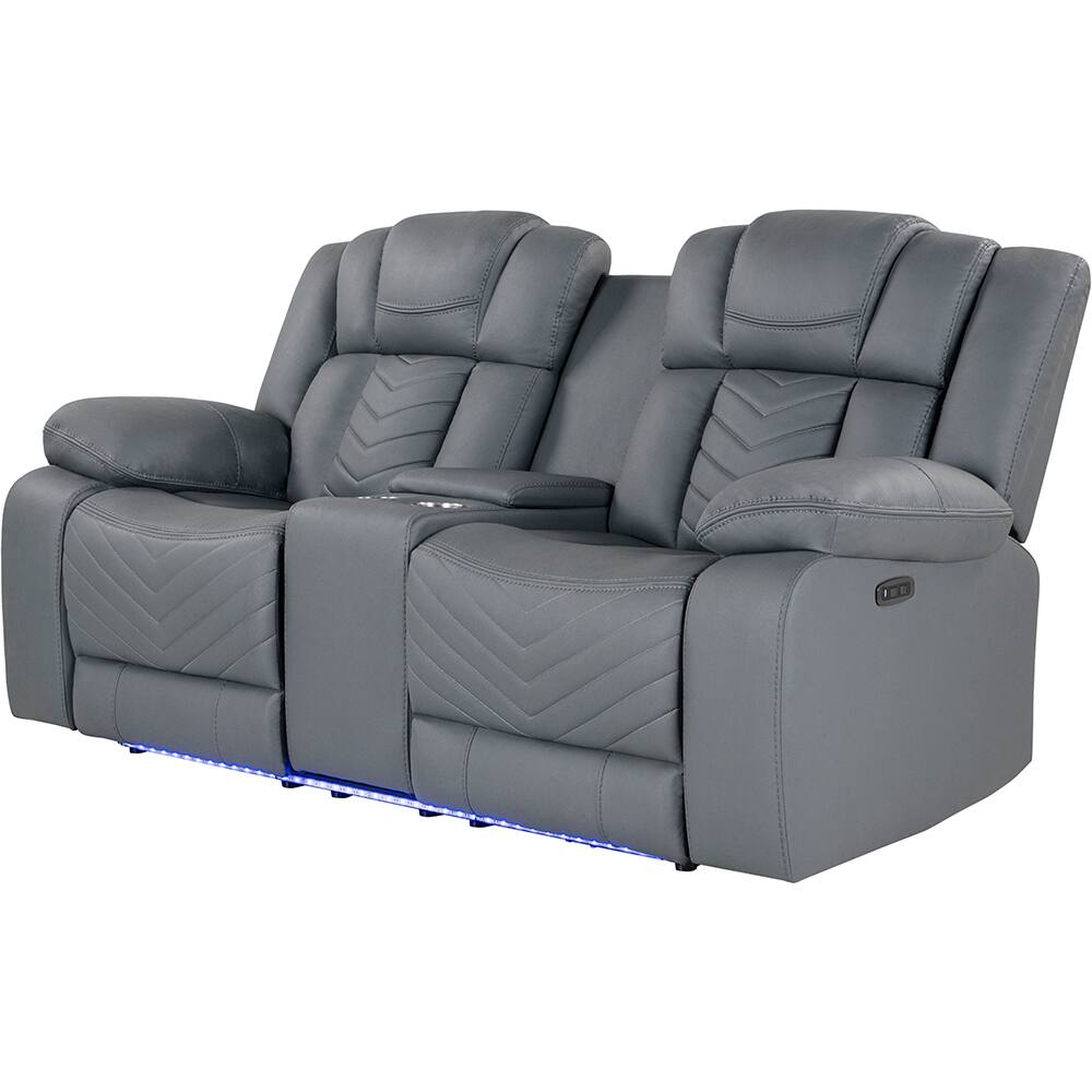 Angle. Global Furniture USA - Ethan Power Reclining Loveseat with LED Lighting, Center Console & Sound - Gray.