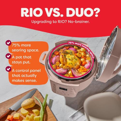 RIO VS. DUO?  
Upgrading to RIO? No-brainer.  

- 75% more searing space.  
- A pot that stays put.  
- A control panel that actually makes sense.  

Et DIDE 15