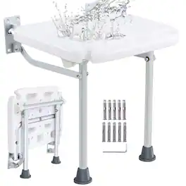 VEVOR - Folding PE Shower Seat, 15.7'' x 14.8'' Unfolded, Wall Mounted Fold Up Shower Bench with 500 lbs Load Capacity - White
